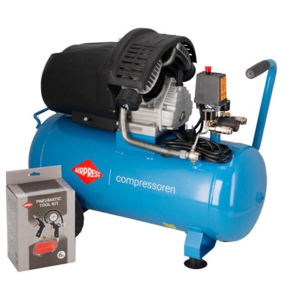 Compressor de ar HL 425-50 de pistão duplo com conjunto de acessórios pneumáticos | 8 bar | 3 HP / 2,2 kW | 280 l/min | 50 L