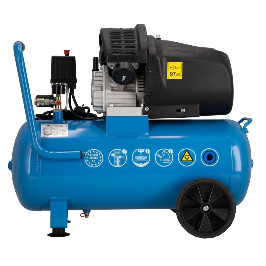 Compressor de ar HL 425-50 de pistão duplo com conjunto de acessórios pneumáticos | 8 bar | 3 HP / 2,2 kW | 280 l/min | 50 L