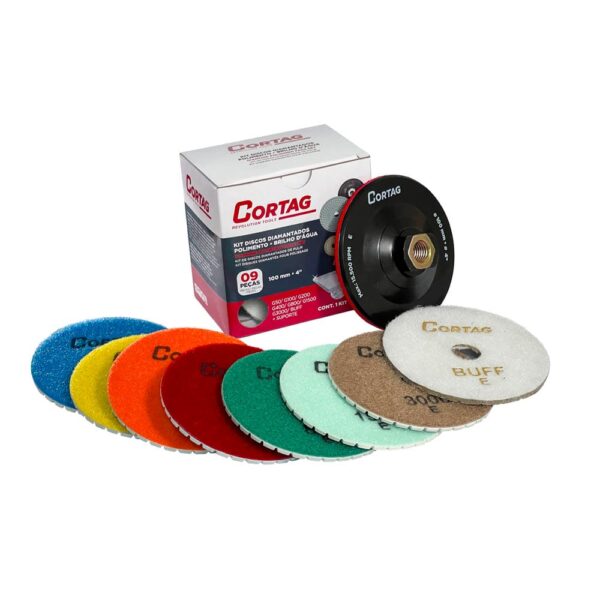 KIT DISCOS DIAMANTADOS | P/ POLIMENTO | Ø100 MM (8 PEÇAS + SUPORTE) | CORTAG