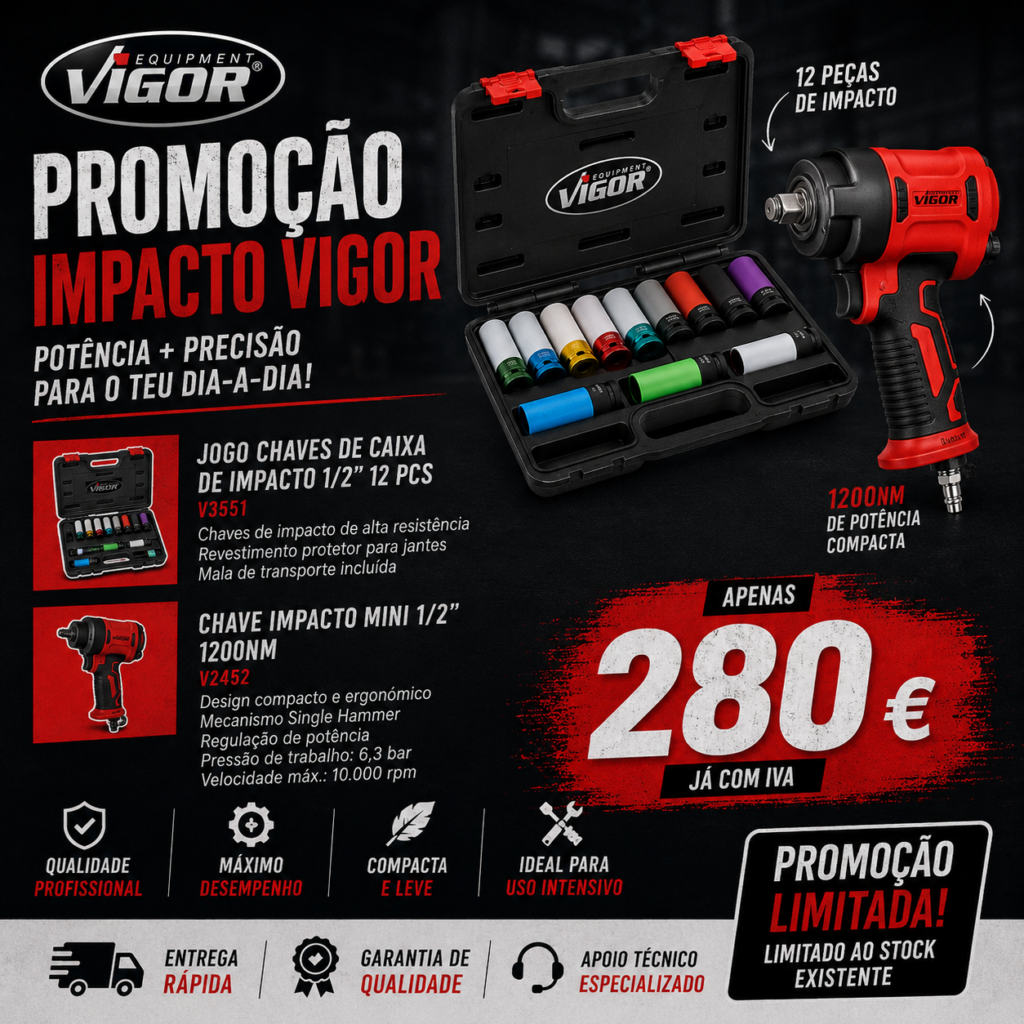 KIT CHAVE IMPACTO MINI 1/2" 1200Nm + JOGO CHAVES DE CAIXA DE IMPACTO 1/2" 12 PCS | VIGOR