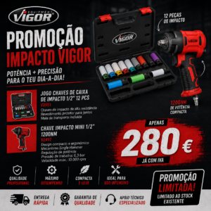 KIT CHAVE IMPACTO MINI 1/2" 1200Nm + JOGO CHAVES DE CAIXA DE IMPACTO 1/2" 12 PCS | VIGOR